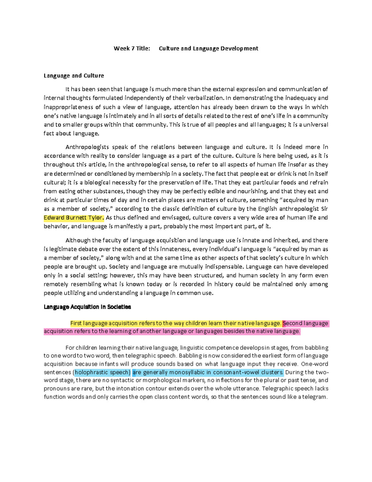 Week7 Culture and Language Development - Week 7 Title: Culture and ...