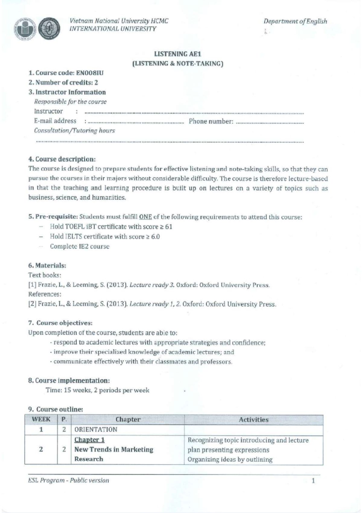 EN008IU Listening 1 Course Overview and Requirements - Studocu