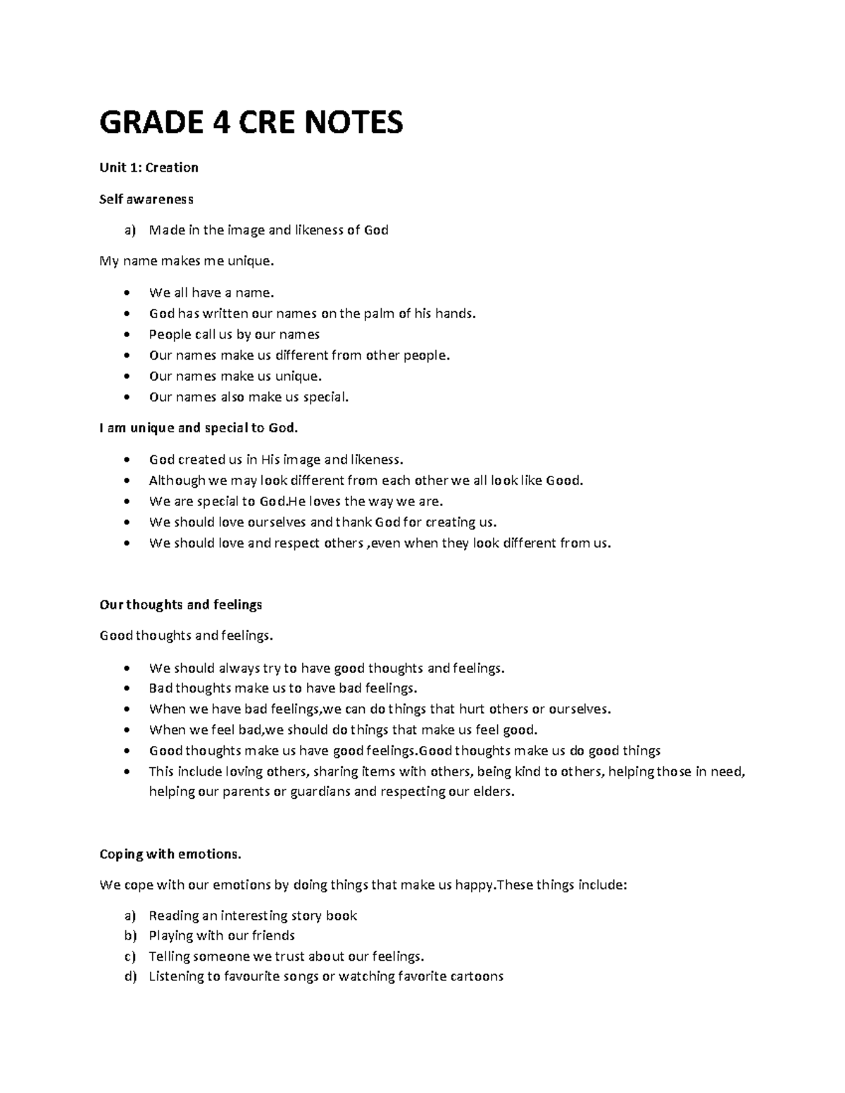 GRADE 4 CRE NOTES: Unit 1 & 2 - Creation, Emotions, and the Bible - Studocu