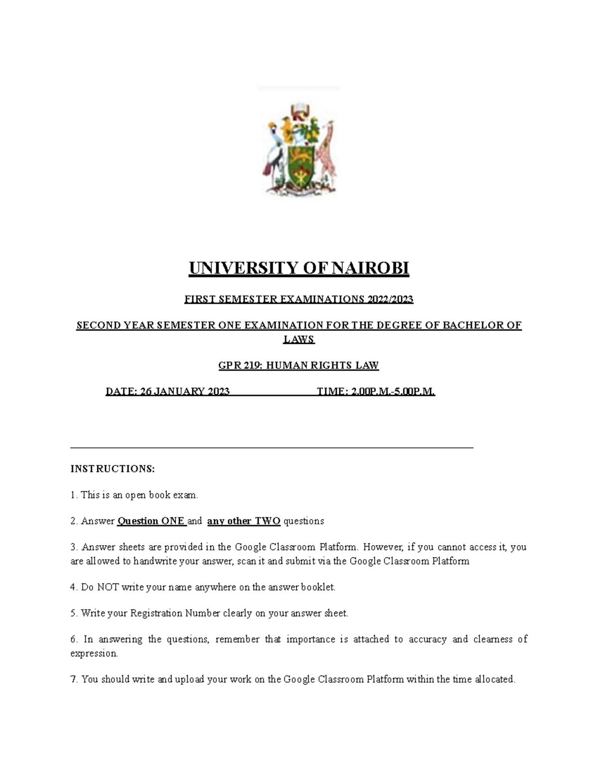 GPR 219: Human Rights Law - First Semester Exam Questions ...