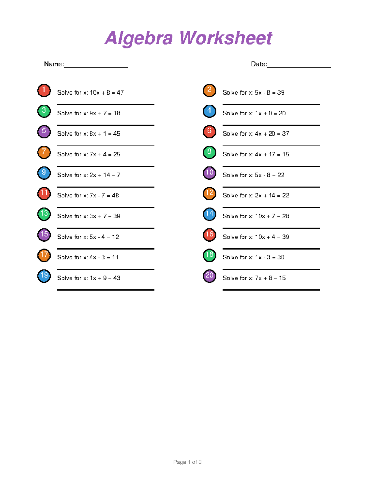 Algebra Worksheet 1: Solving for x and Word Problems - Studocu