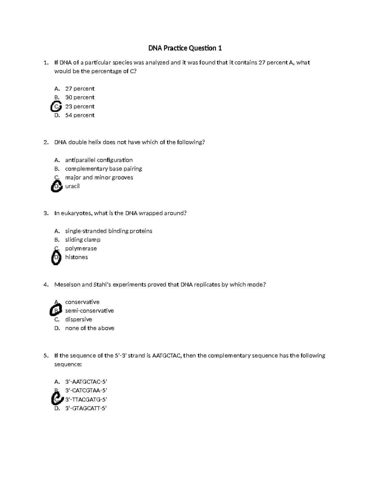 DNA Exam Practice Questions 1: Structure, Replication & Base Pairing ...