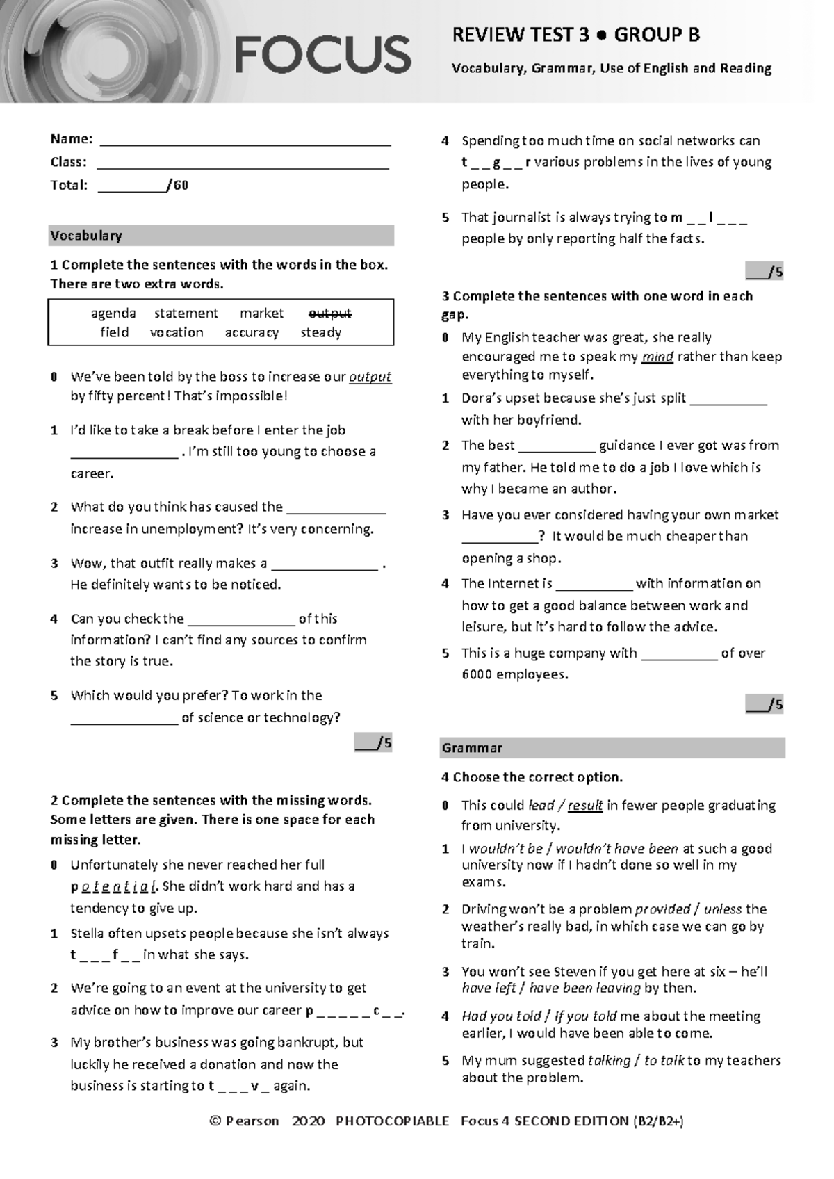 Focus 4 2E Review Test 3: Vocabulary, Grammar & Reading Units 1-6 - Studocu