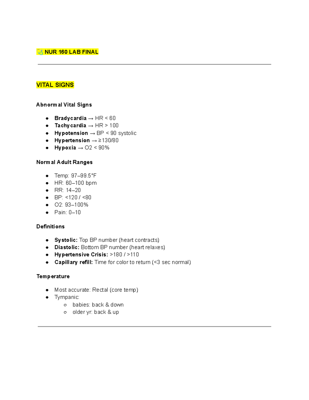 NUR 160 LAB FINAL EXAM STUDY GUIDE: VITAL SIGNS & ASSESSMENT - Studocu