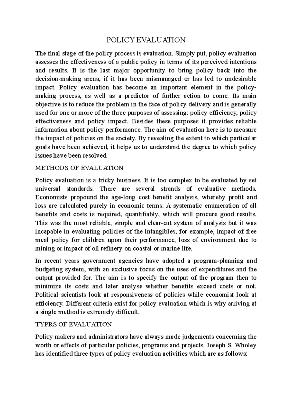 POLI 301: Final Exam Notes on Policy Evaluation Methods and Types - Studocu