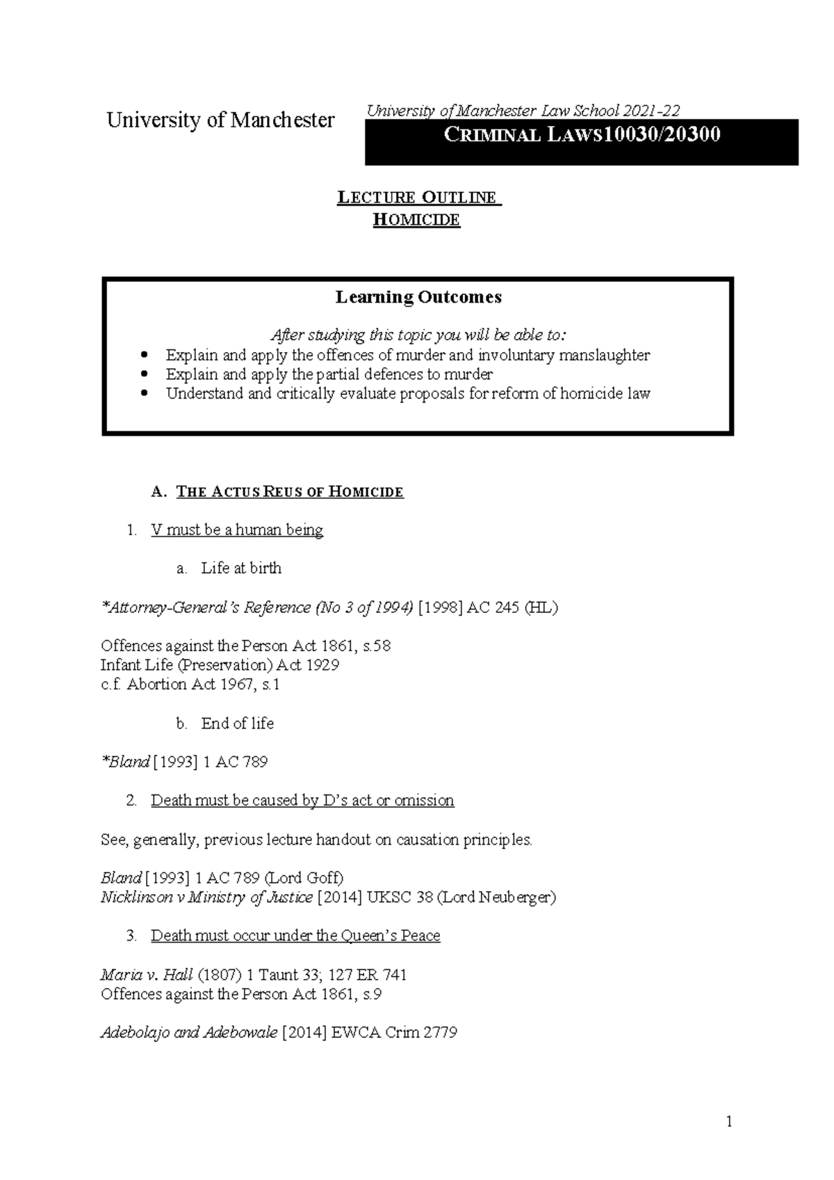 Criminal Law Lecture (2021-22): Homicide Overview and Key Concepts ...