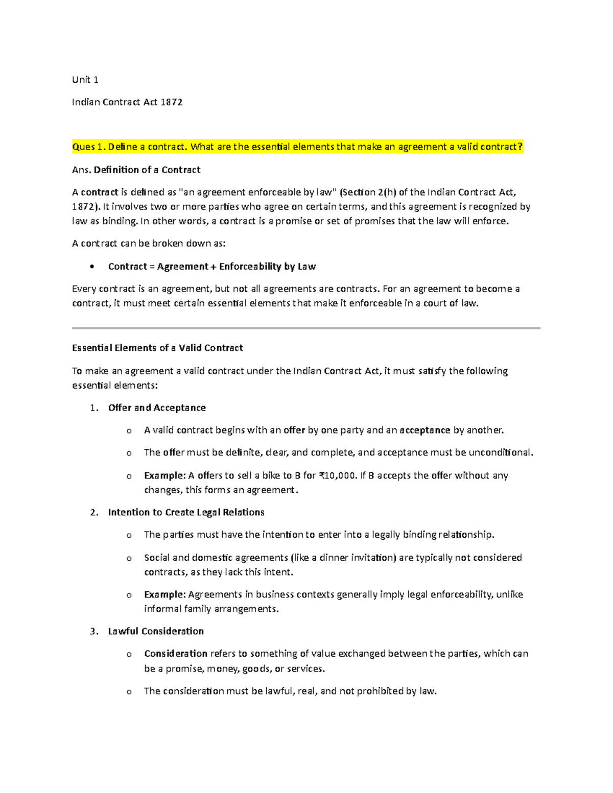 Unit 1 - Indian Contract Act 1872: Essentials of a Valid Contract - Studocu