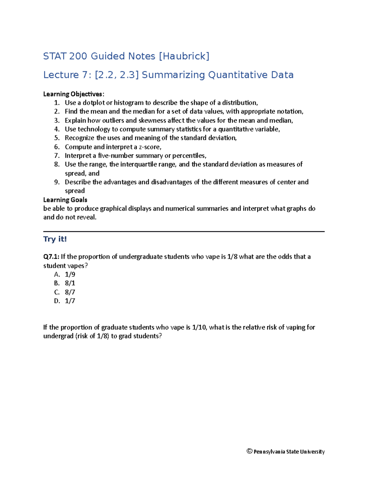 Lecture 7 Guided Notes: Summarizing Quantitative Data [STAT 200] FA22 ...