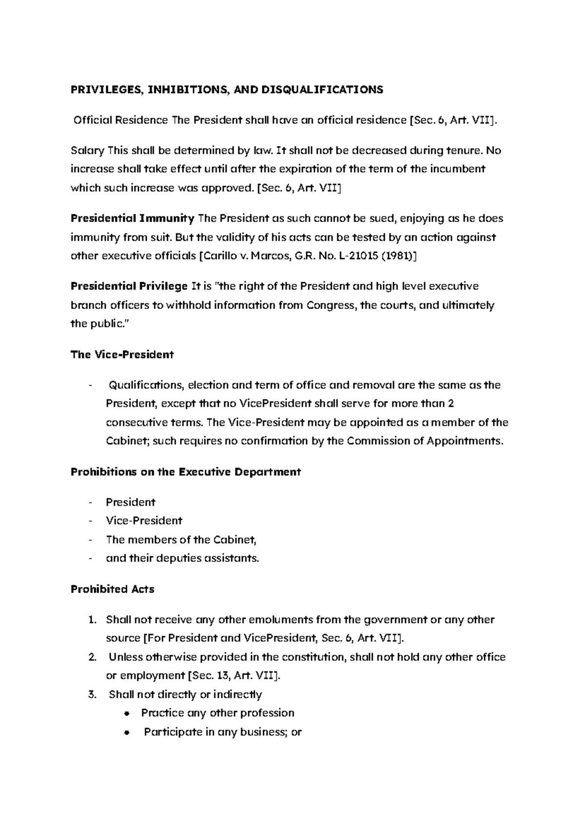 PPGC - Executive Powers and Limitations of the President - Studocu