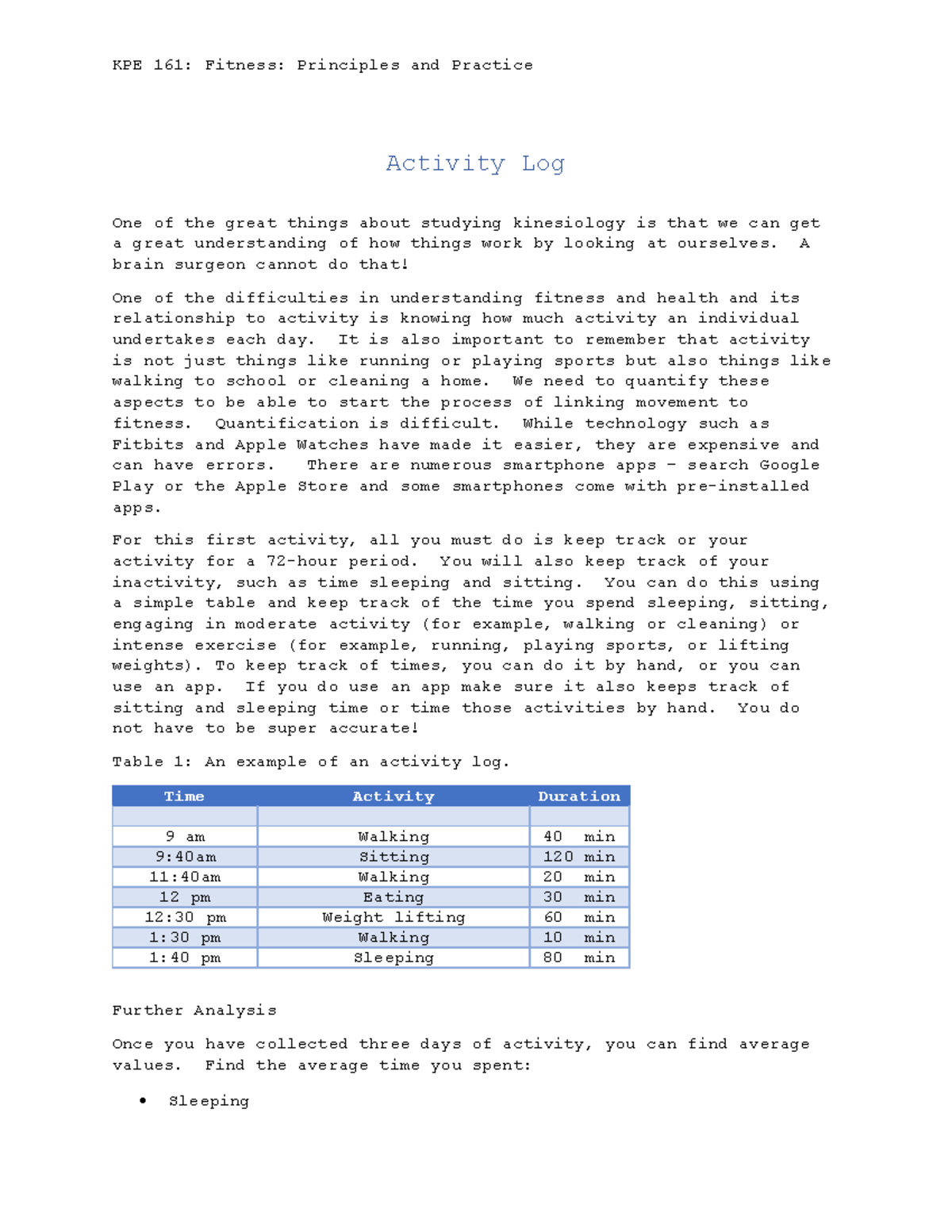 KPE 161: Activity Log and Analysis for Fitness Principles Practice ...