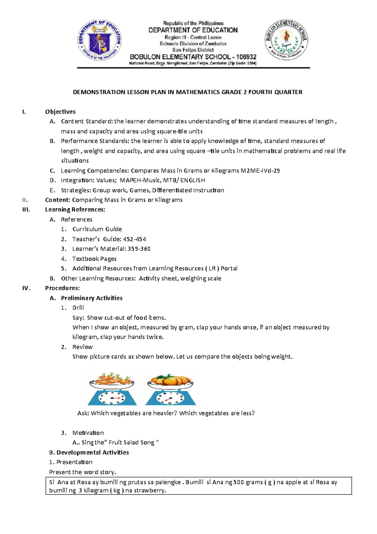 Grade 2 Math Demonstration Lesson Plan: Comparing Mass (4th Qtr) - Studocu