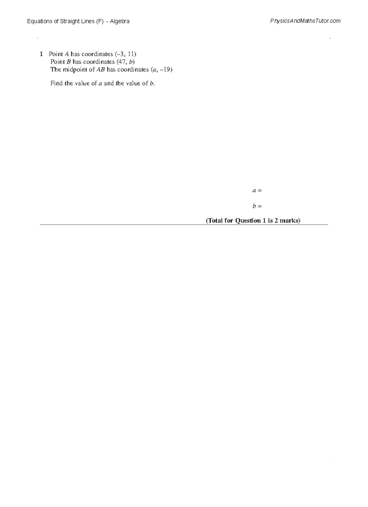 Equations of Straight Lines (F) Question Paper - Studocu
