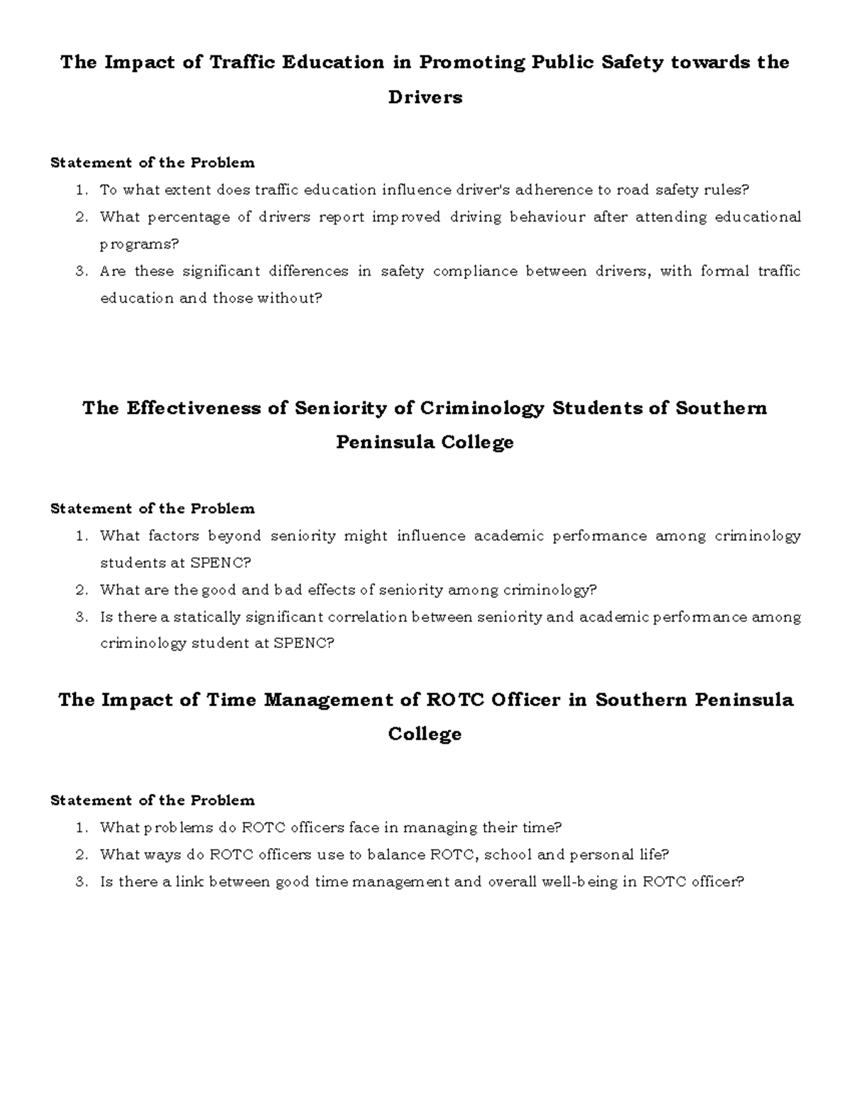 Statement of the Problem - The Impact of Traffic Education in Promoting ...