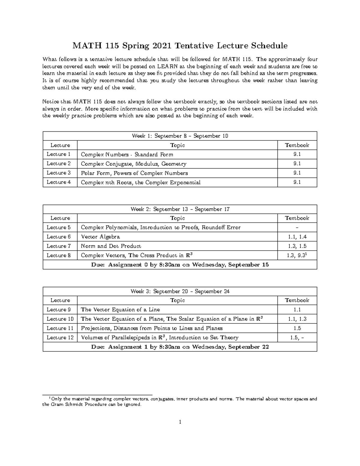 MATH 115 Spring 2021 Tentative Lecture Schedule - Studocu