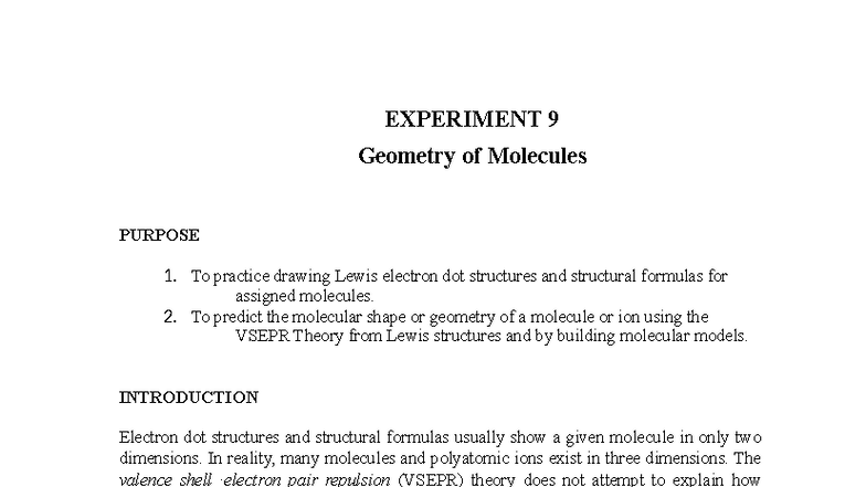 Experiment 4: Molecular Geometry and VSEPR Theory Analysis - Studocu