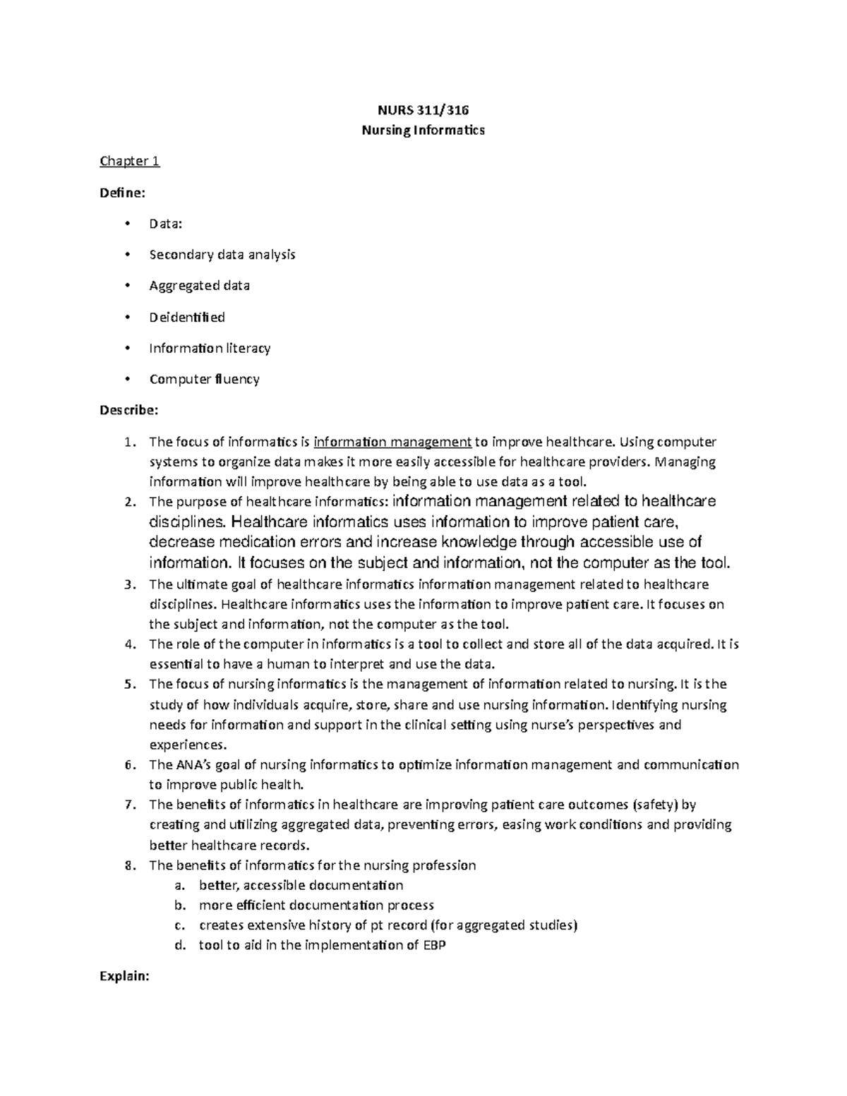 Nurs 311 study guide - NURS Nursing Informatics Chapter 1 Define: Data ...