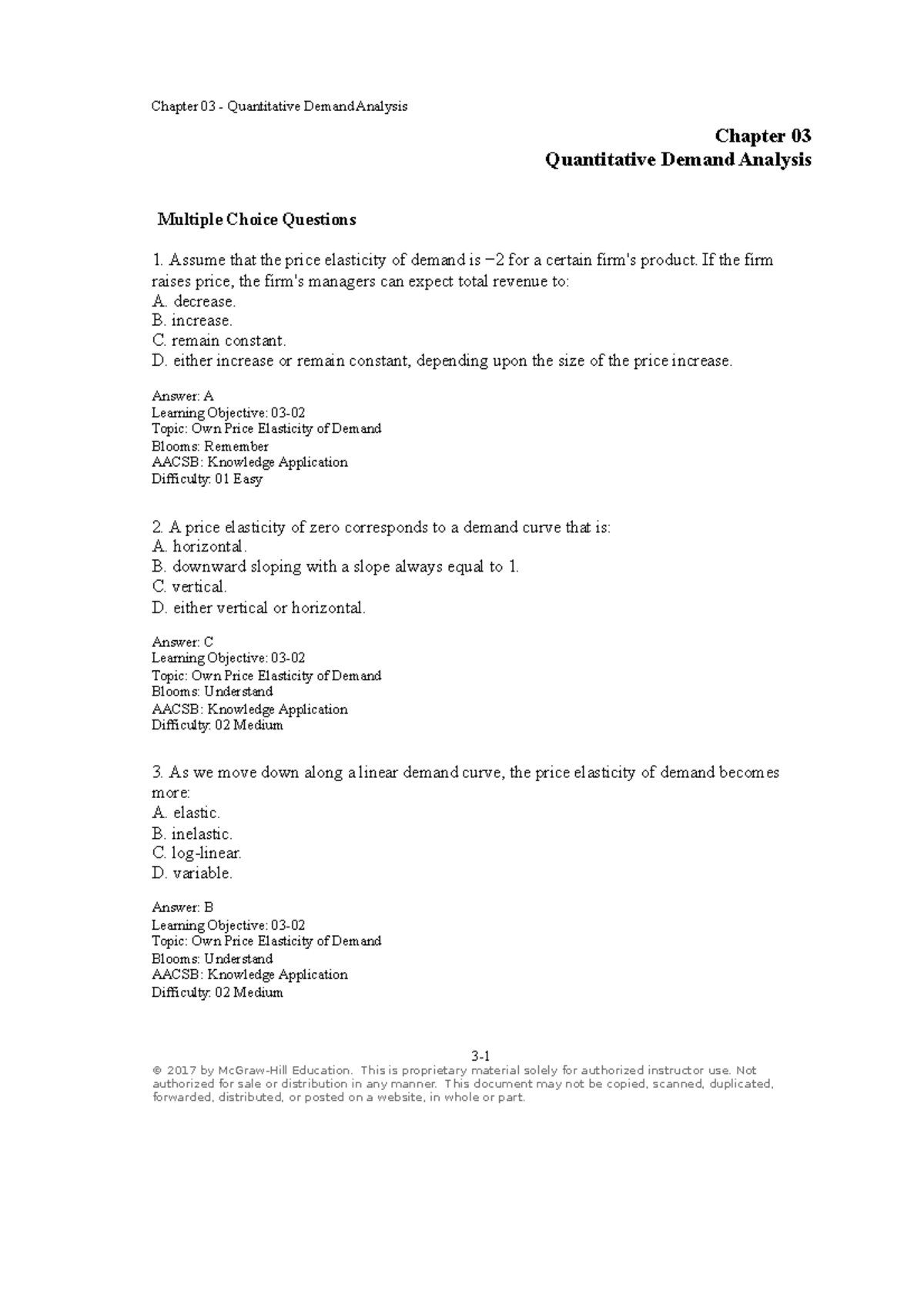 Chap 3 - testbank - Chapter 03 Quantitative Demand Analysis Multiple ...