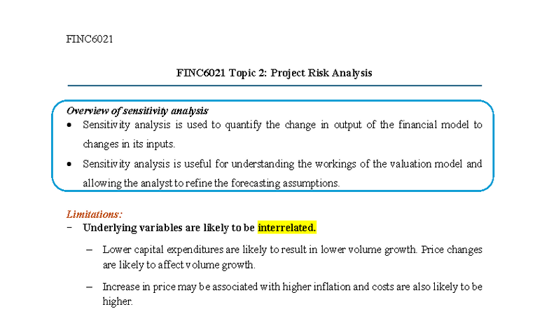 FINC6021 Tutorial: Project Risk Analysis & Sensitivity Analysis - Studocu