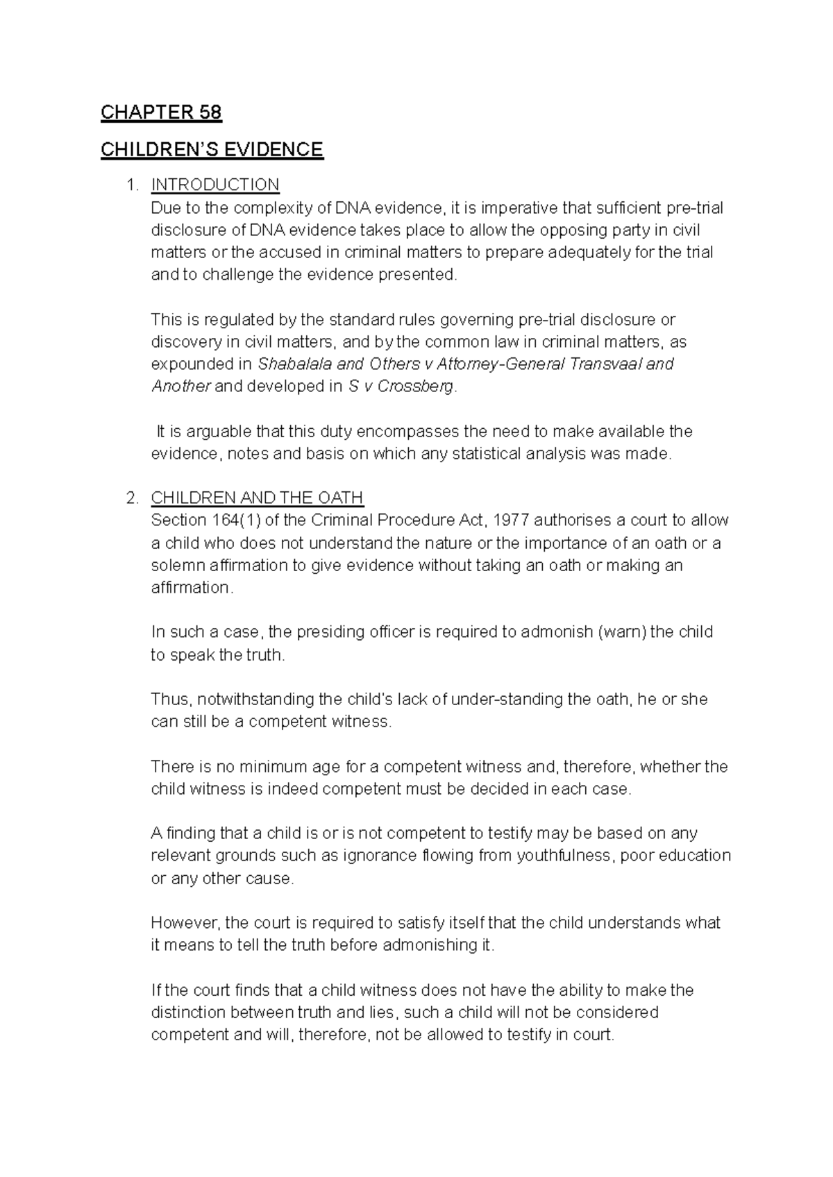 LAW 101 - Chapter on Children's Evidence and Testimony Standards - Studocu