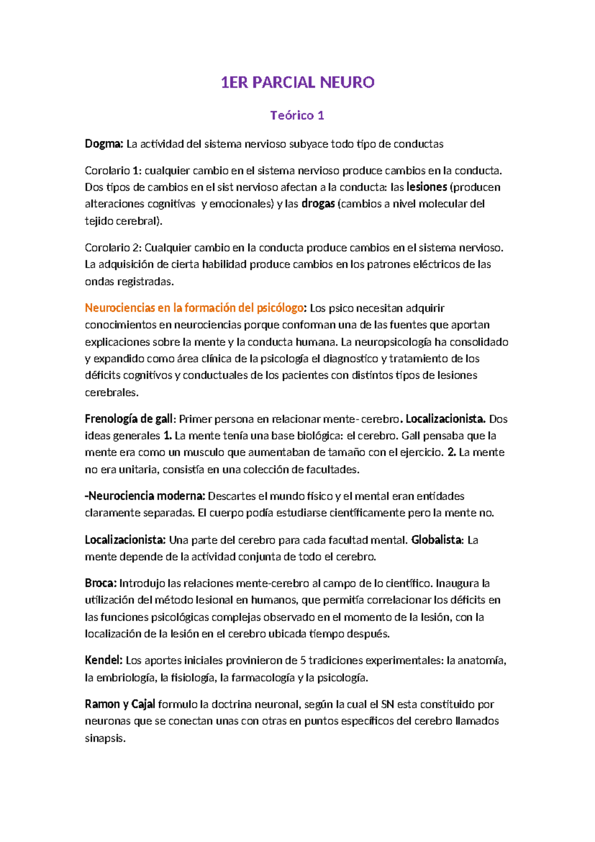 1ER Parcial Neuro - 1ER PARCIAL NEURO Teórico 1 Dogma: La actividad del ...