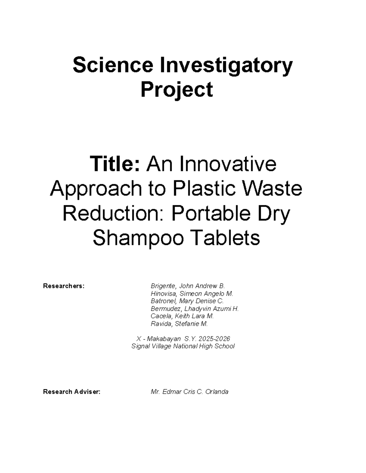 Innovative Investigatory Project: Portable Dry Shampoo Tablets for ...