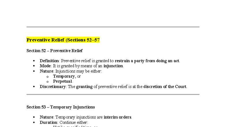 Preventive Relief Overview: Sections 52-57 Explained - Studocu