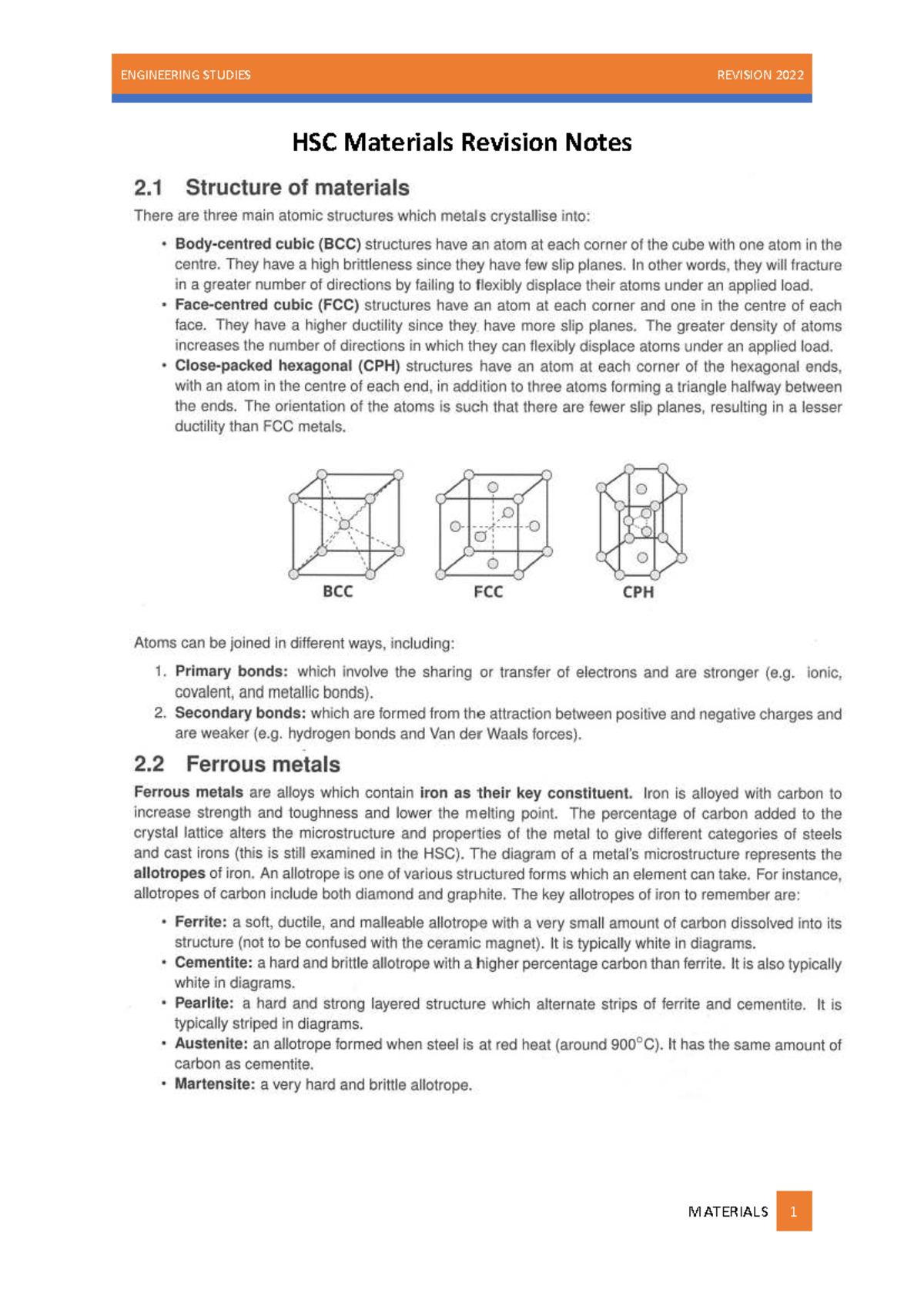 HSC Engineering Studies Materials Revision Notes 2022 - Studocu