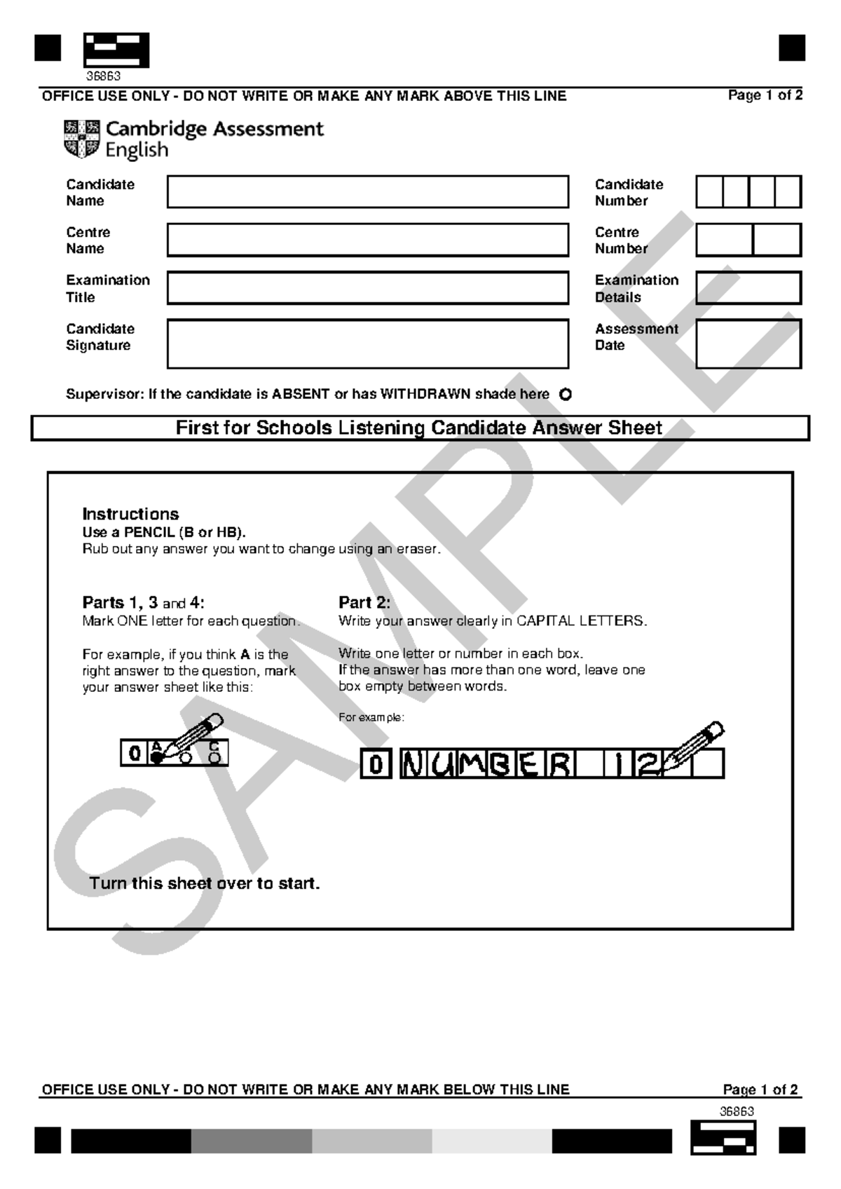 B2 First for Schools Listening sample answer sheet - OFFICE USE ONLY ...
