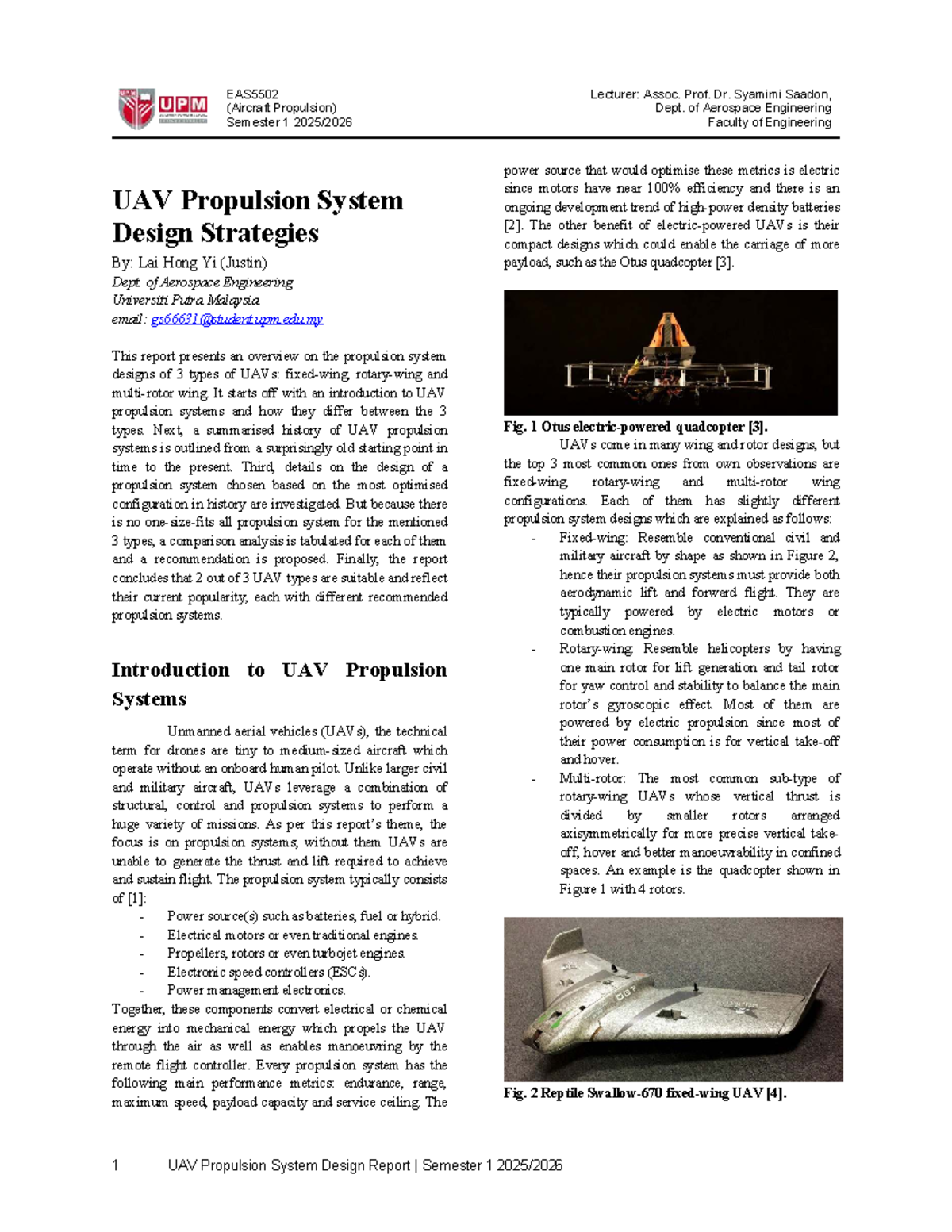 EAS5502 UAV Propulsion System Design Report - Semester 1 - Studocu