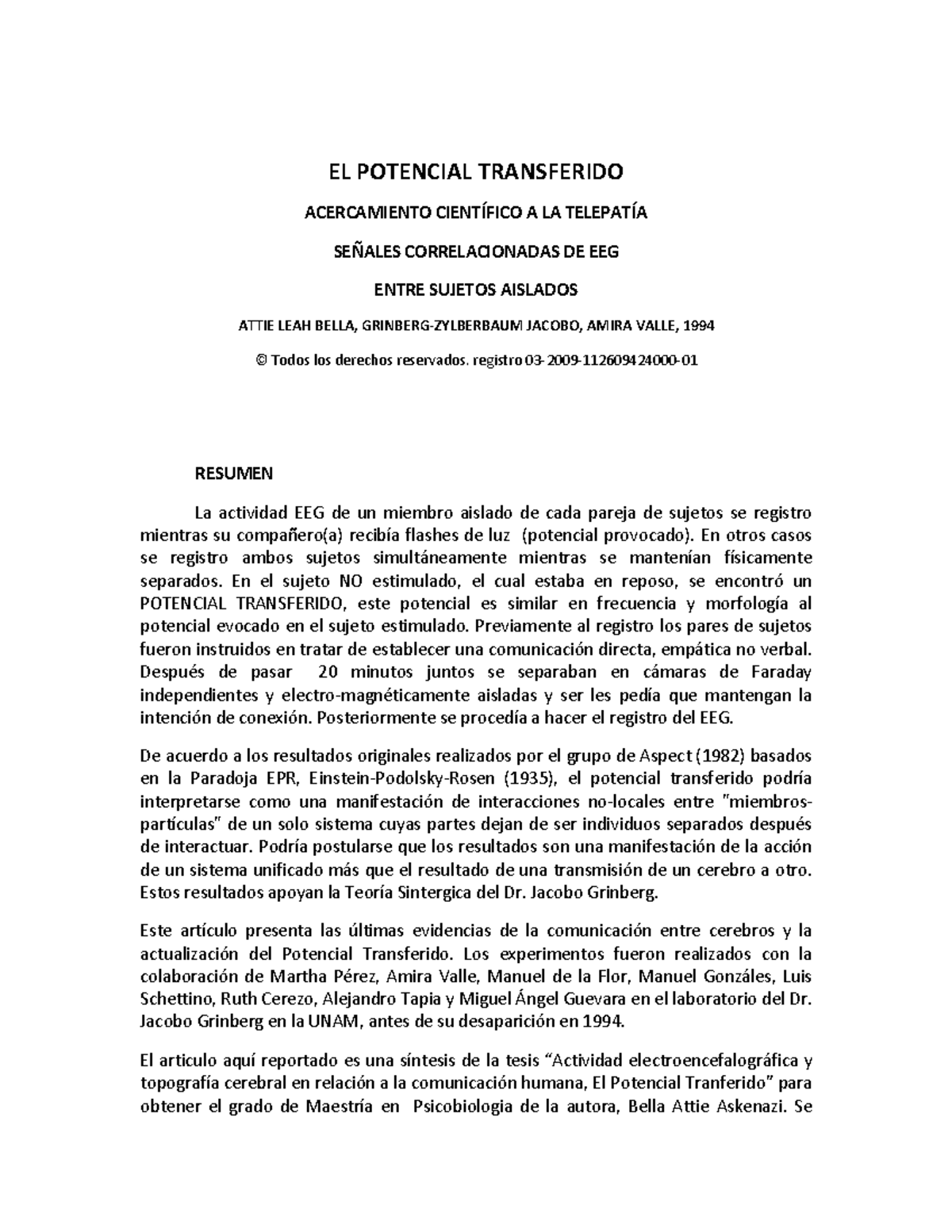 El Potencial Transferido: Estudio de Telepatía y EEG (1994) - Studocu