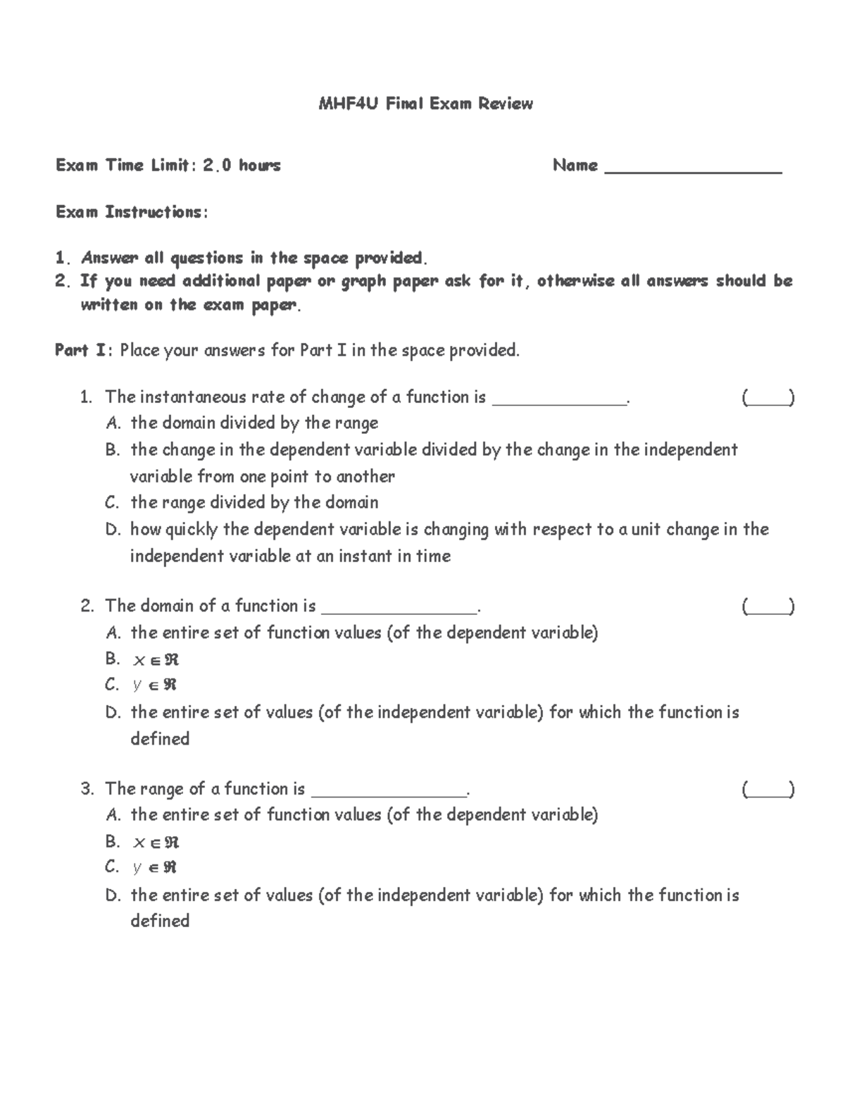 MHF4U Final Exam Review - Comprehensive Practice Exam Guide - Studocu