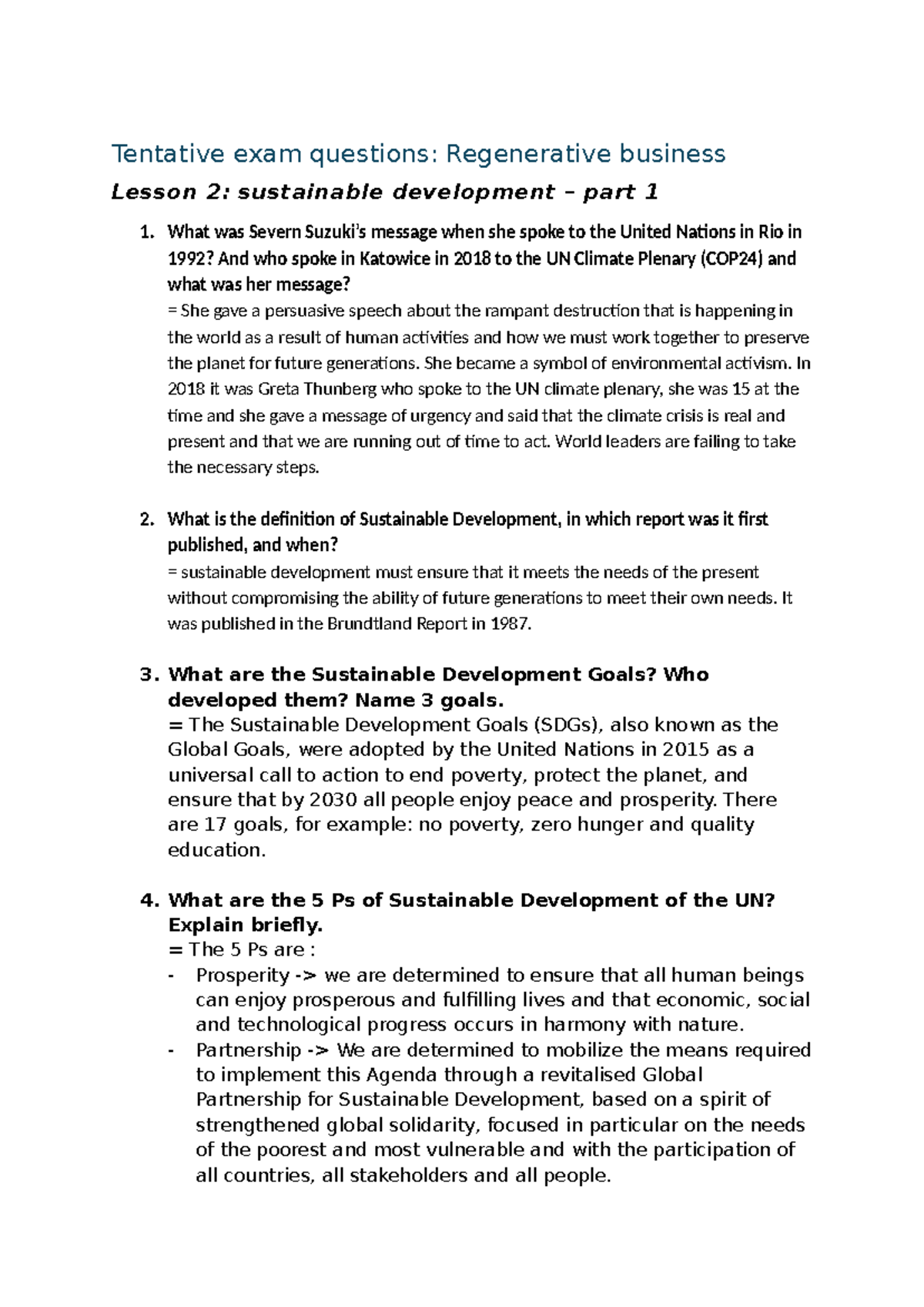 Tentative Exam Questions: Regenerative Business Lesson 2 - Sustainable ...