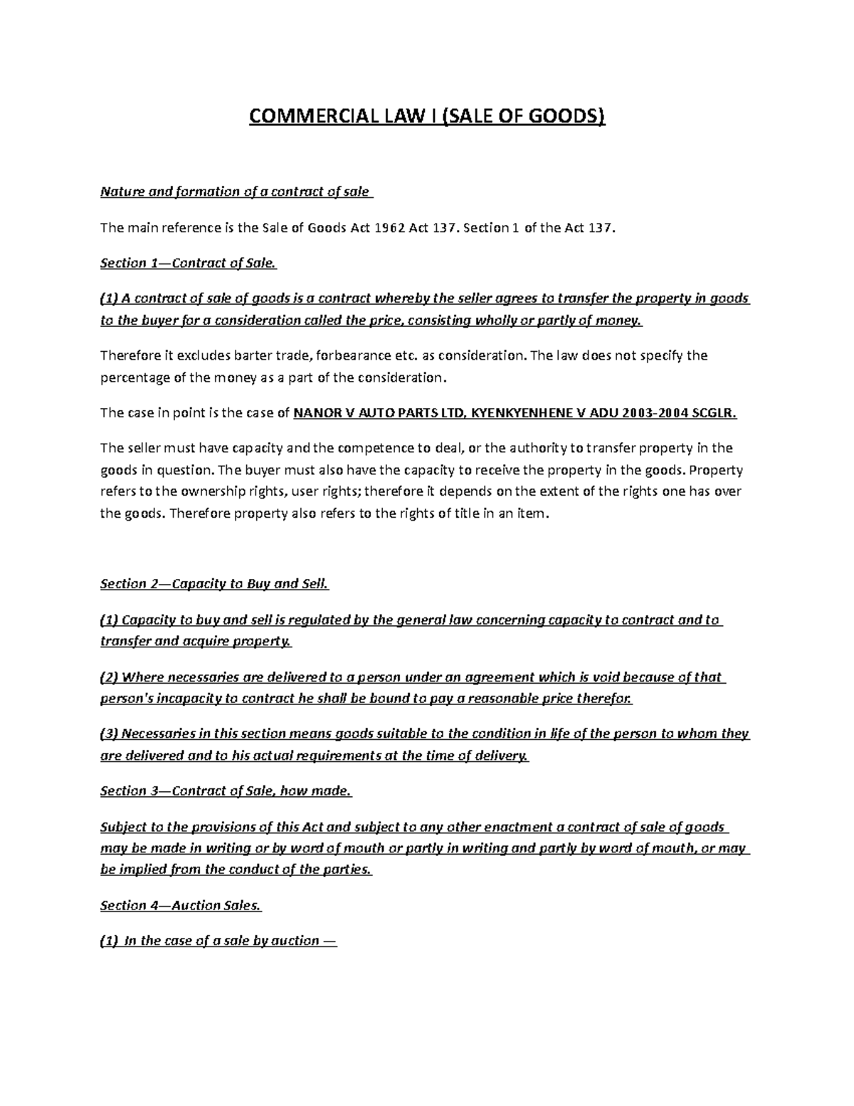 Commercial Law I (1st Sem) Lecture Notes on Sale of Goods - Studocu