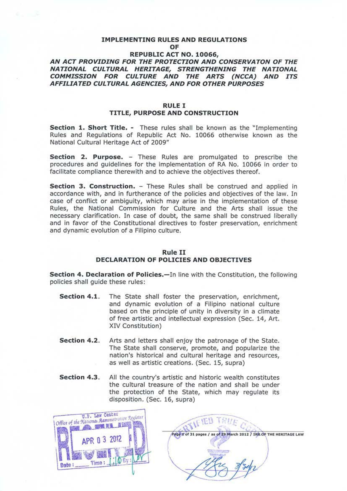 Implementing Rules & Regulations for RA 10066: Cultural Heritage Act ...