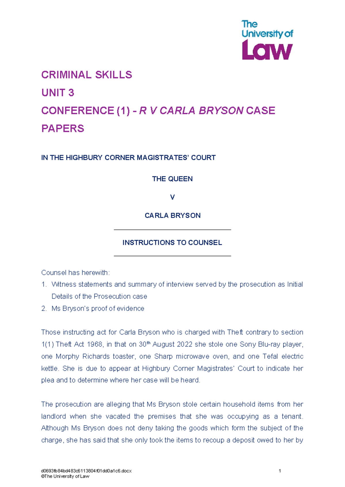 R v Carla Bryson: Case Conference Notes & Legal Analysis - Studocu