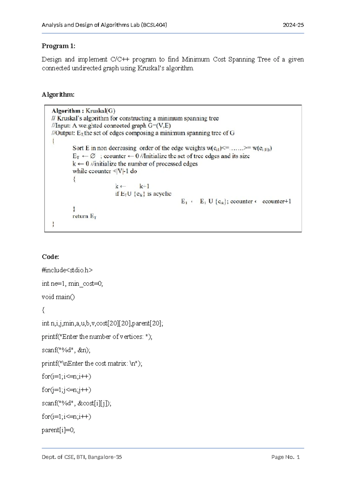 CSE221 Lab Manual: Kruskal's, Floyd's, and Dijkstra's Algorithms - Studocu