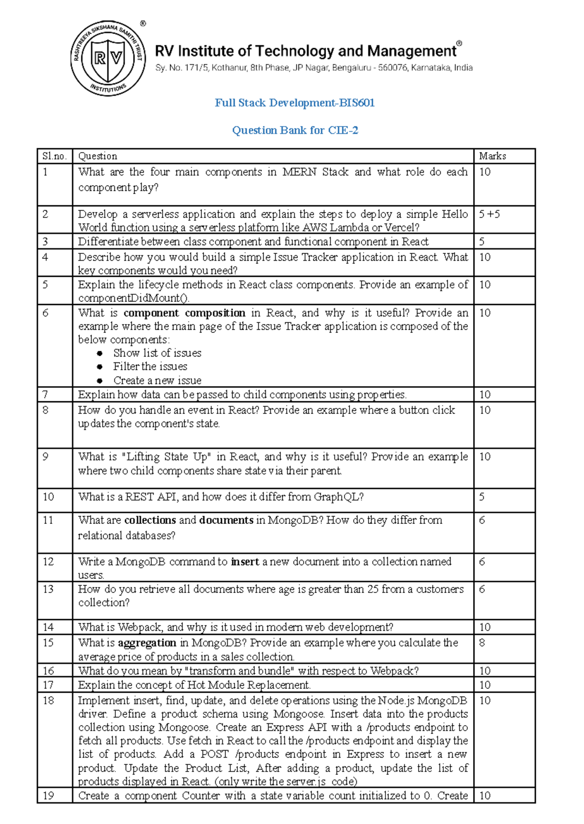 FSD CIE2 Final Exam Question Bank: MERN Stack & React Concepts - Studocu