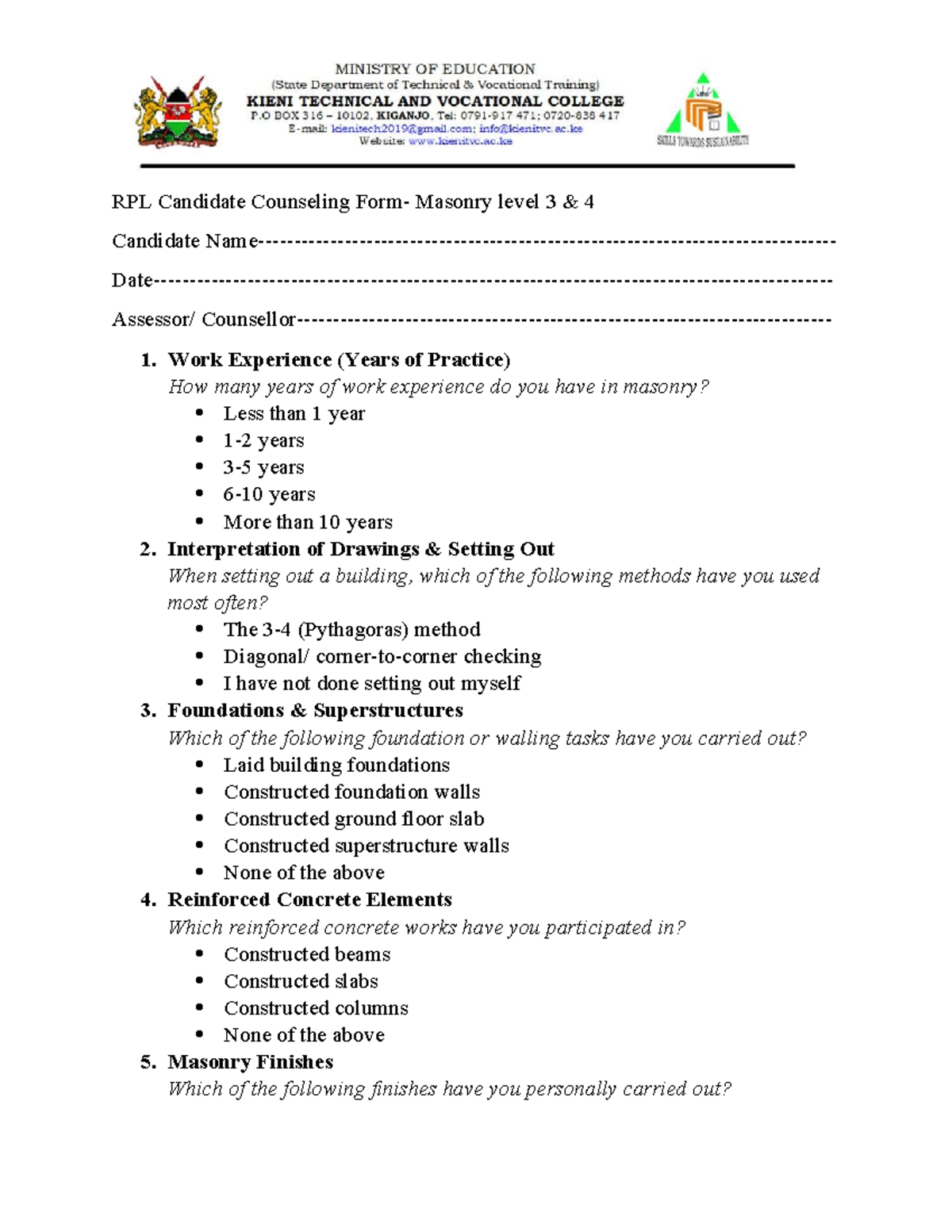 Masonry RPL Candidate Counseling Form - Level 3 & 4 Assessment - Studocu