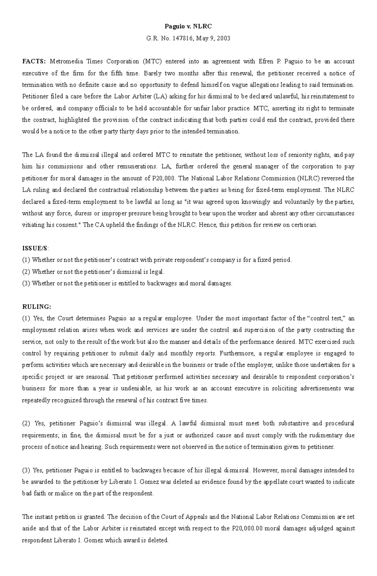 Paguio v. NLRC | G.R. No. 147816 Case Study Analysis, May 9, 2003 - Studocu