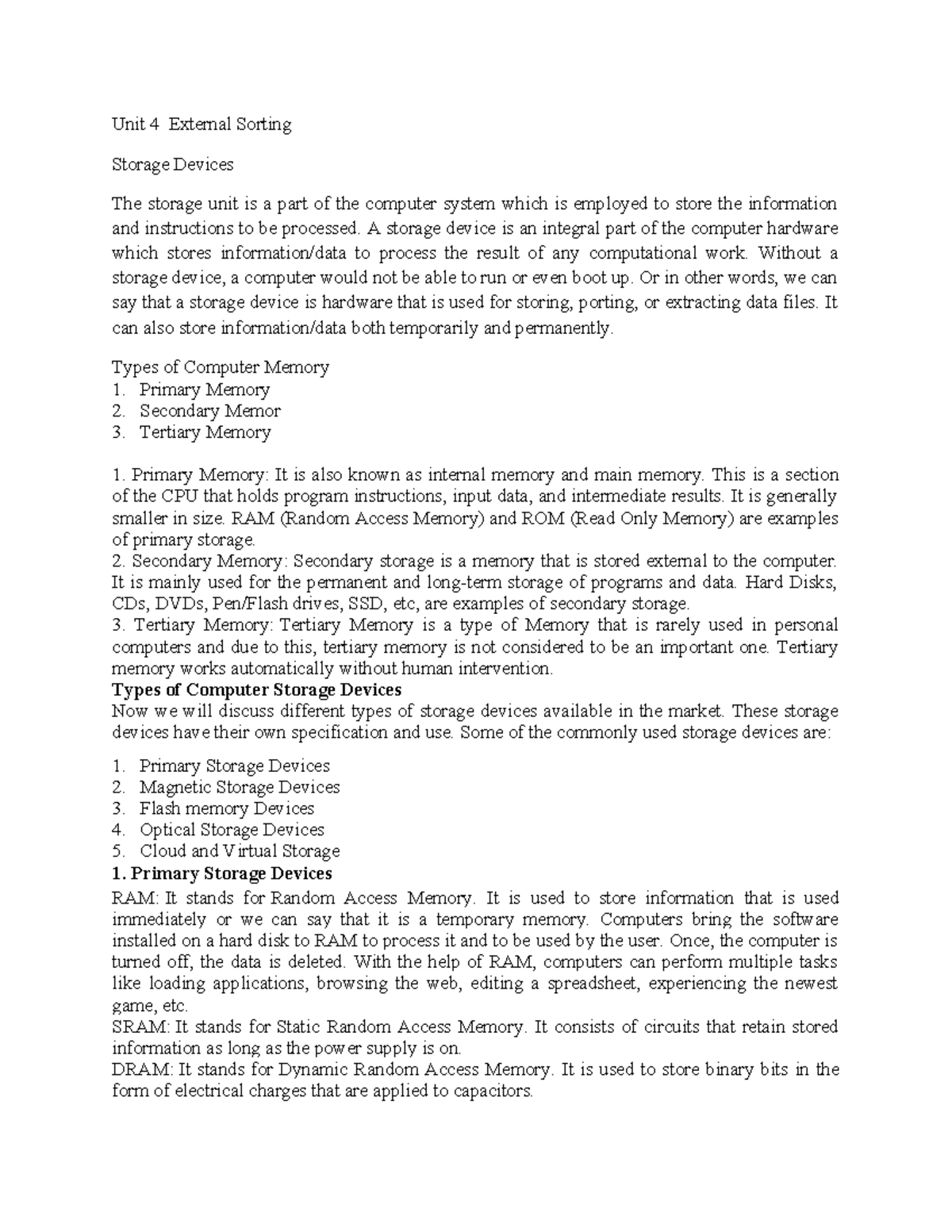 Unit 4: External Sorting and Storage Devices Overview - Studocu