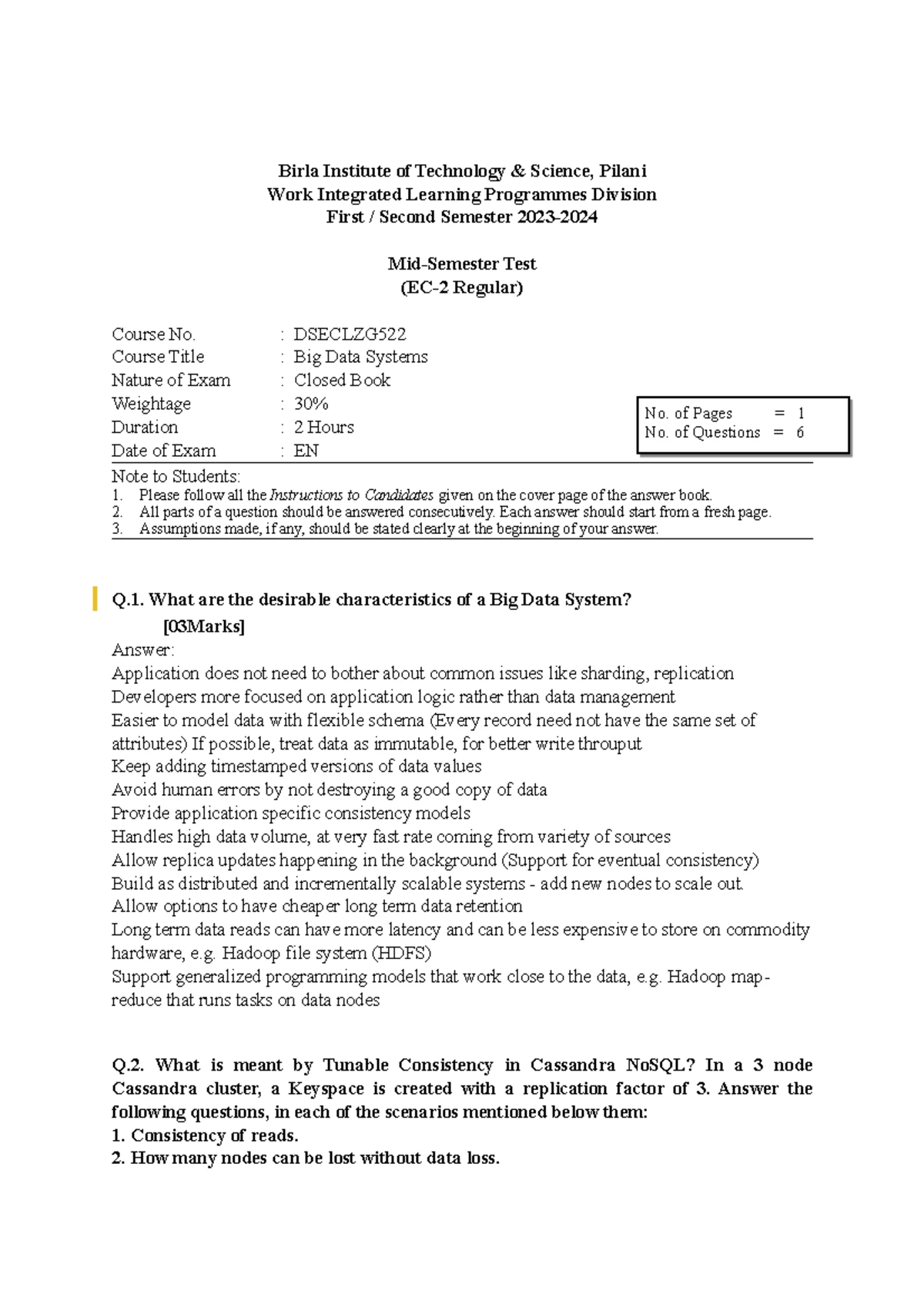 BDS EC2M - Answer key - T(1) is the completion time of a Job with 1 ...