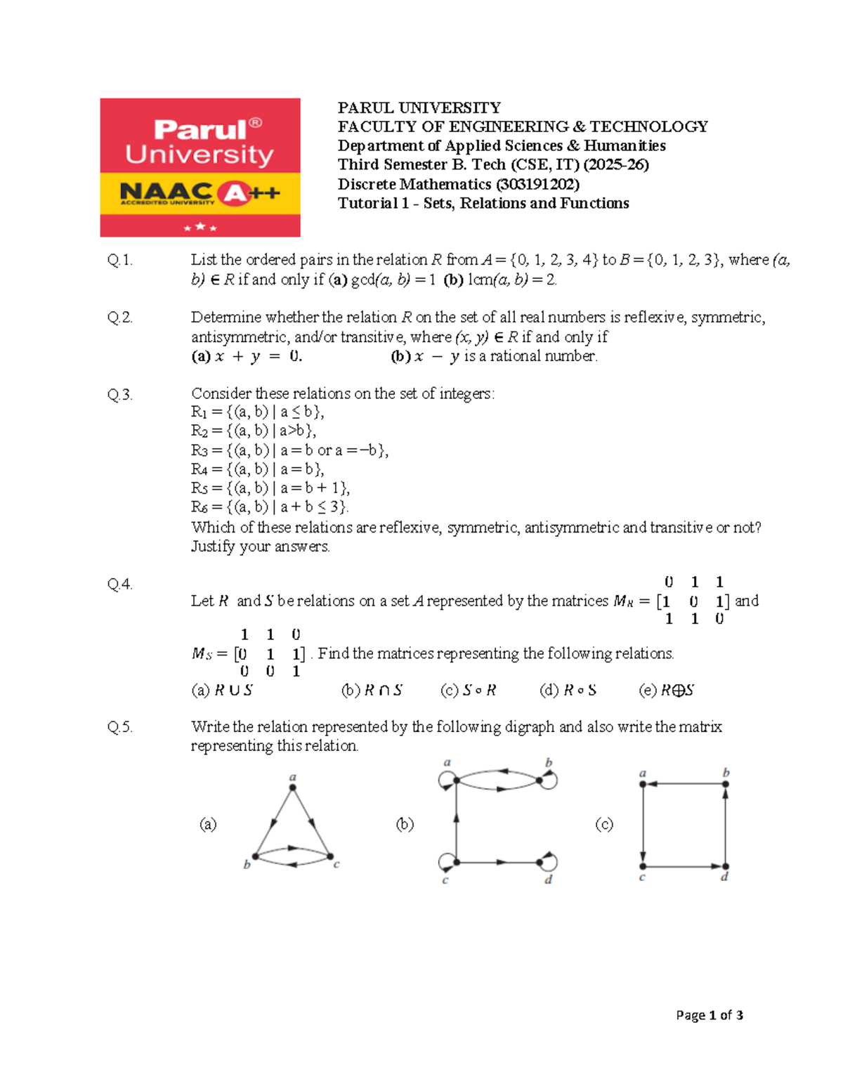 Discrete Mathematics (303191202) Tutorial 1: Sets, Relations ...