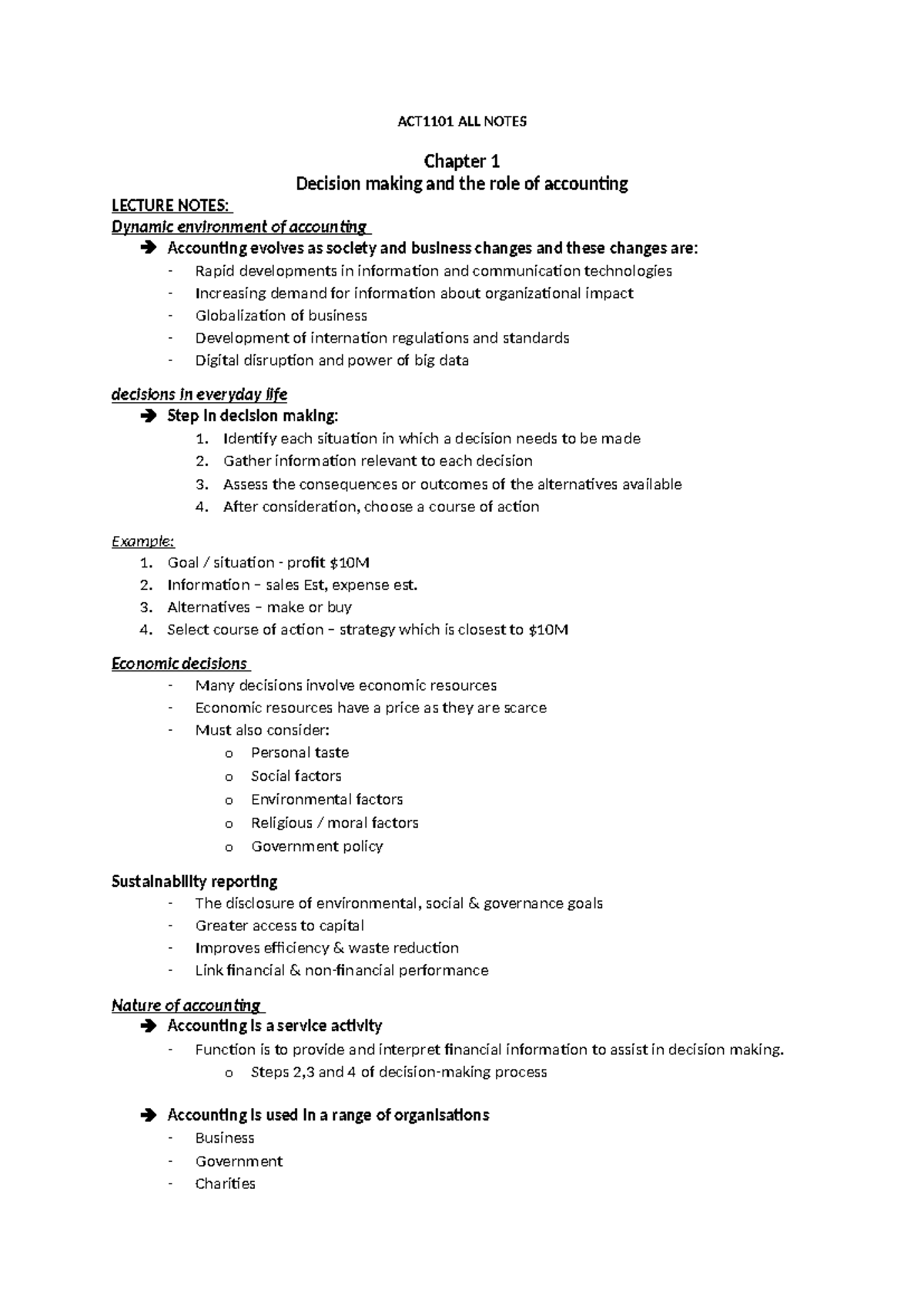 ACT1101 Mid-Sem Notes - ACT1101 ALL NOTES Chapter 1 Decision making and ...