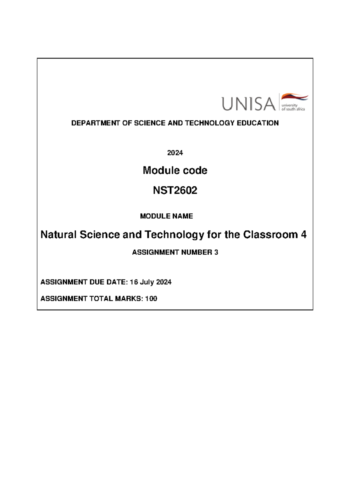 assignment3 nst - DEPARTMENT OF SCIENCE AND TECHNOLOGY EDUCATION 2024 ...