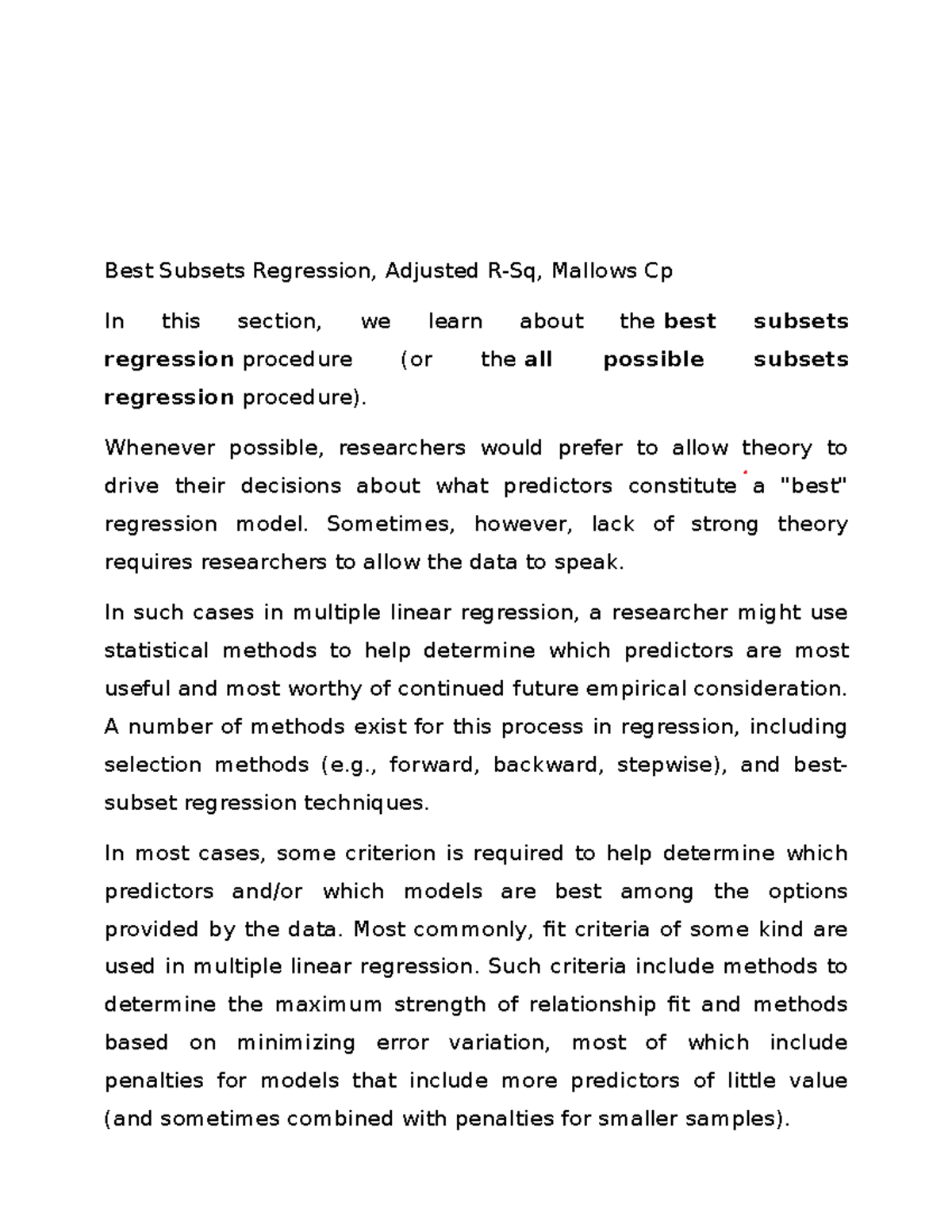 Chapter 3: Best Subsets Regression & Adjusted Mallows Cp Analysis - Studocu