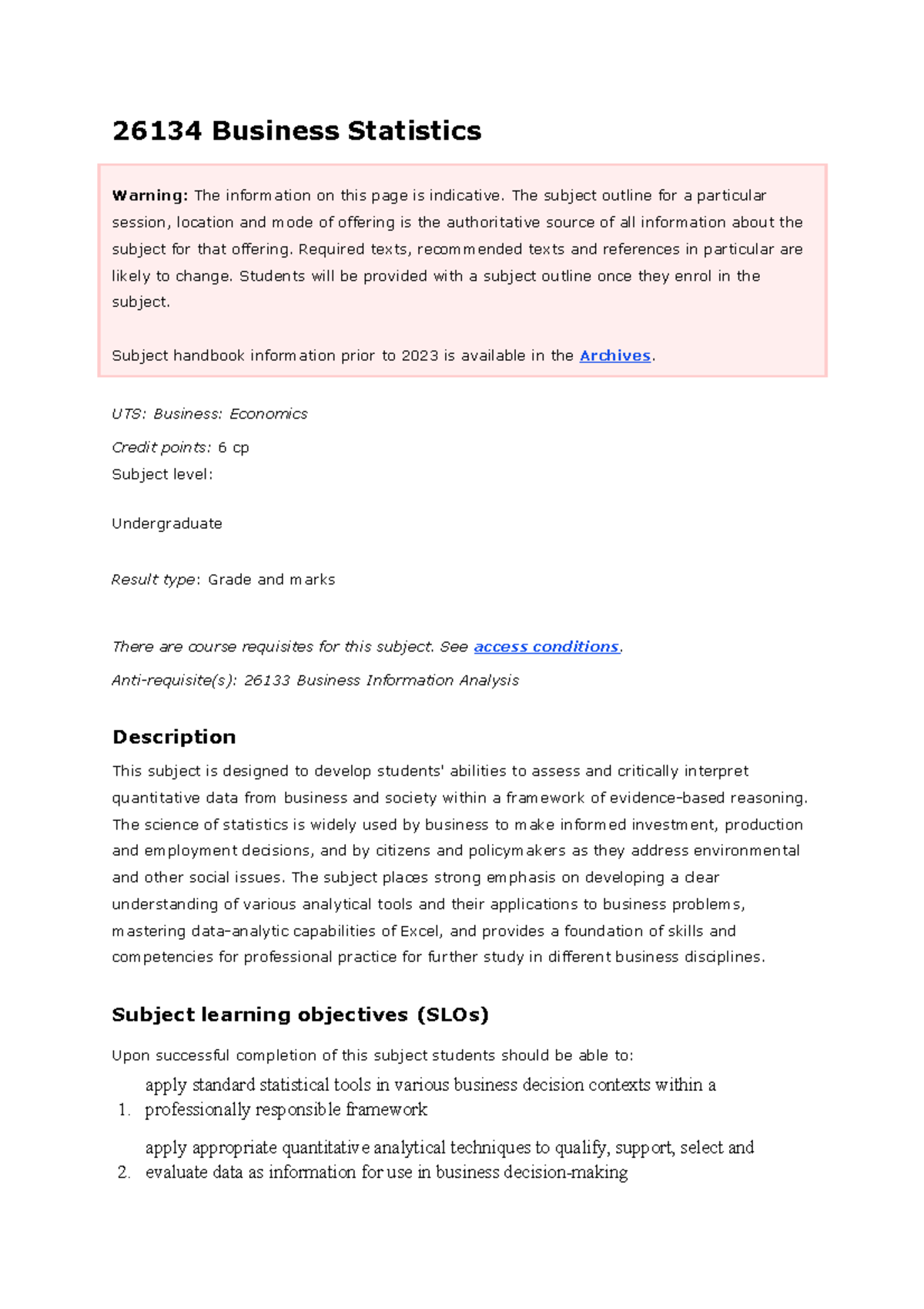 26134 Business Statistics: Course Overview and Assessment Guide - Studocu