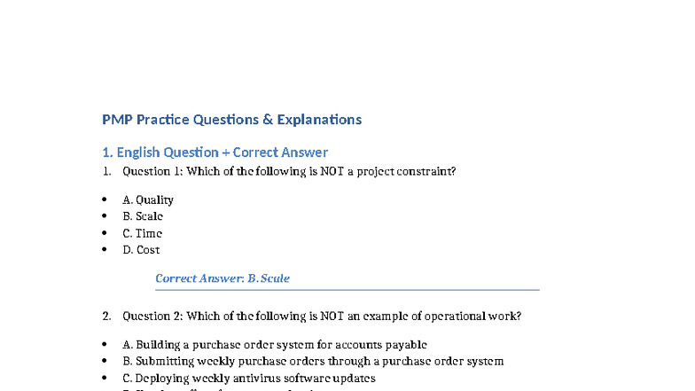 PMP Questions Explanations - PMP Practice Questions & Explanations 1 ...