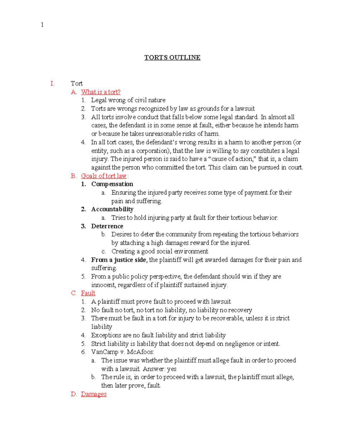 Tort Law Overview: Intentional Torts and Key Principles - Studocu