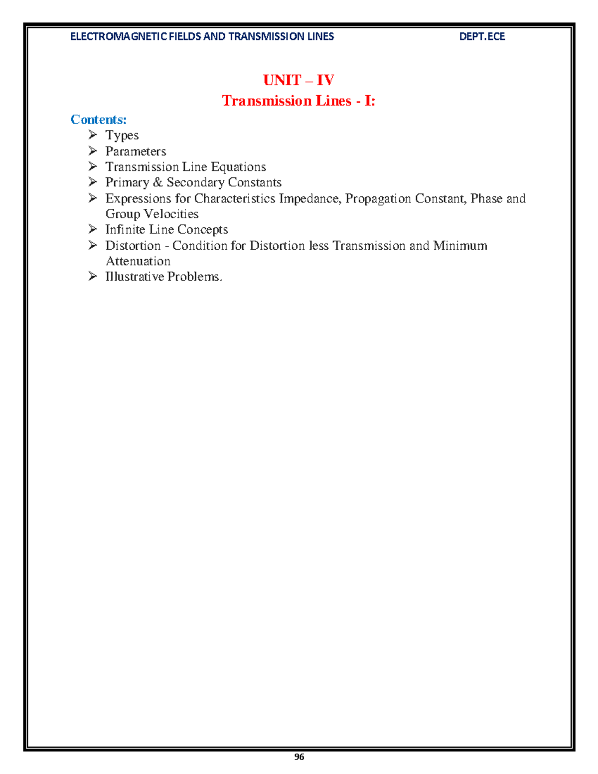 EMTL-UNIT-V: Transmission Lines - Types, Parameters, and Concepts - Studocu
