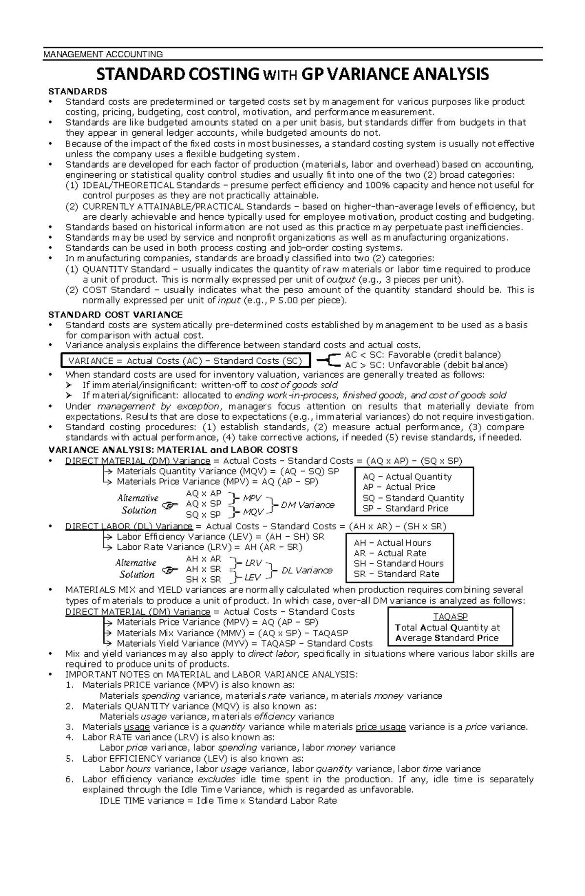 MA-05 - Standard Costing and GP Variance Analysis Overview - Studocu